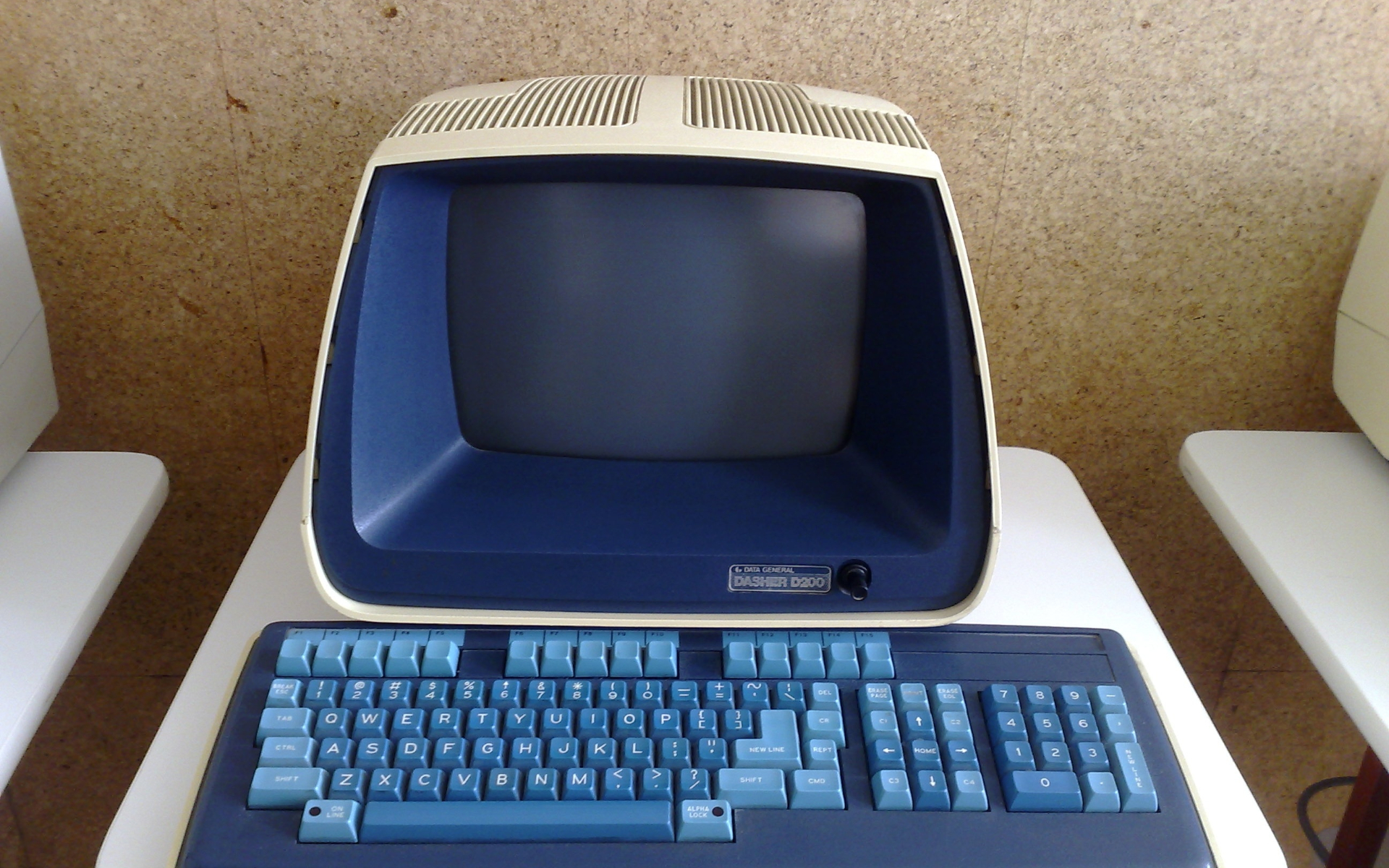 blue and white crt monitor and keyboard set